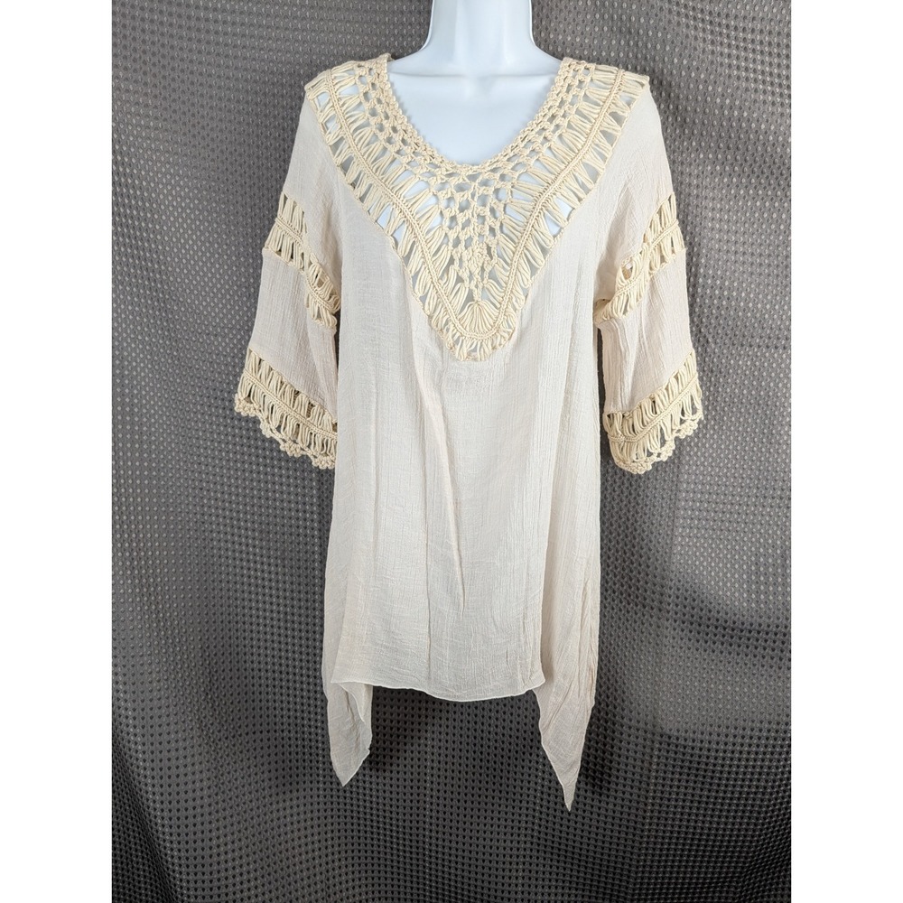 Boho Crochet Lace Yoke Blouse Cream Gauze Top Fringe Sleeve Festival Tunic M